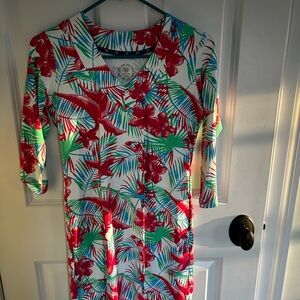 Banana Boat Cream Shift Dress with Red, Blue & Green Tropical Print